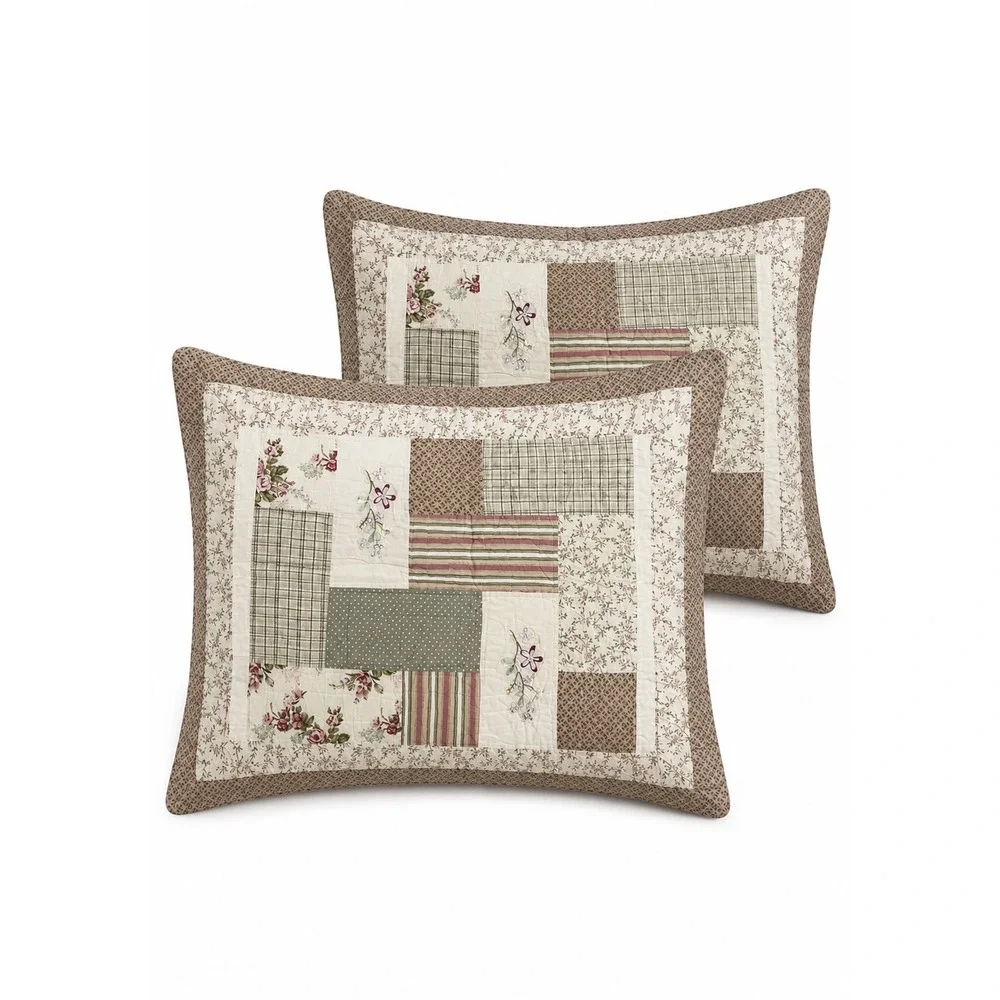 2 Vintage Country Farmhouse‎ Cottage Patchwork Floral & Plaid Pillow Shams